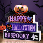 BlcTec Halloween Decorations Indoor, Premium Wood Block Sign with Lighted 3D Letters, Pumpkin, Maples & Berries, Timer Battery Operated Halloween Décor for Home Tabletop, Mantle, Shelf, Tiered Tray by BlcTec