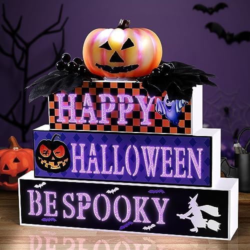BlcTec Halloween Decorations Indoor, Premium Wood Block Sign with Lighted 3D Letters, Pumpkin, Maples & Berries, Timer Battery Operated Halloween Décor for Home Tabletop, Mantle, Shelf, Tiered Tray by BlcTec