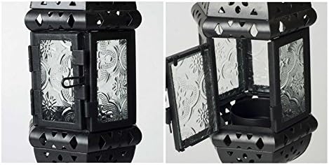 2PCS Moroccan Decorative Candle Lantern Metal Hanging Tealight Candlestick Holder Glass Indoor Outdoor LED Flameless Candle Holder 13.8 inches Chain (Black) - Image 4