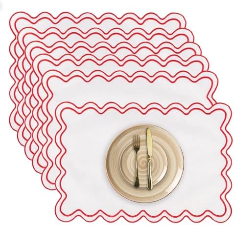 Set of 6 Cotton Linen Placemats, 13''x 19'' Wavy Embroidery Scalloped Placemats Washable Rustic Dinner Waterproof Table Mats (red) by MIKIWELL