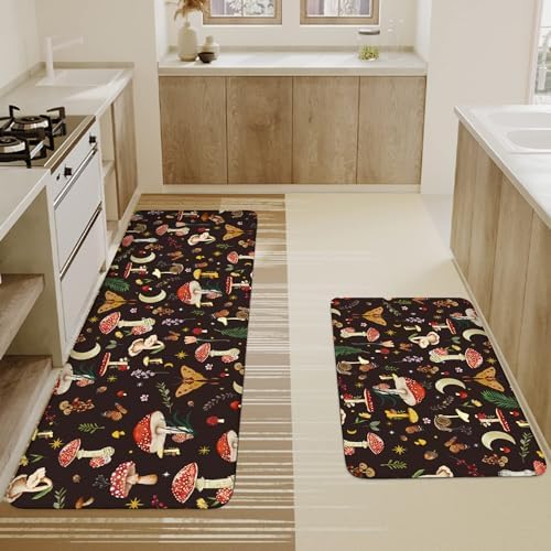 Boho Kitchen Mat Set of 2,Black Mushroom Modern Farmhouse Kitchen Rugs and Mats Non Skid Washable,Bohemia Runner Rugs with Rubber Backing for Kitchen Decor Accessories (17"x47"+17"x30") - Image 4