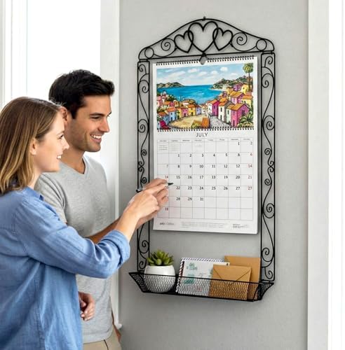 Zonon Wrought Iron Wall Display Organizer Metal Calendar Holder with Basket 18 x 32 Inches Multi Purpose Wall Mounted Holder Vertical Poster Hanger for Canvas Artwork Diamond Painting Display(Heart) - Image 3