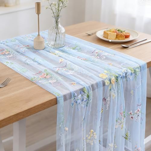 BINBE 12pcs Blue Florals Table Runner Embroidery Gauze 10FT Daisy Seasonal Tulle Birthday Wedding Holiday Kitchen Dining Table Decor for Home Party - Image 5