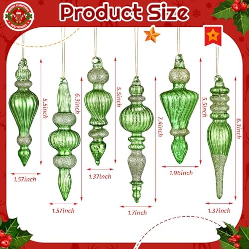 Soaoo 6 Pcs 6.3 in Flash Green Mercury Glass Finial Christmas Ornaments - Image 2