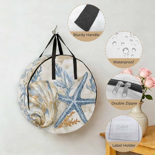 Ocean Life Round Storage Bag 36 Inch, Marine Coral Algae Shell Starfish Oil Painting Clothes Storage Container with Handles Heavy Duty Organizer for Comforter, Bedding & Holiday Wreaths - Image 5