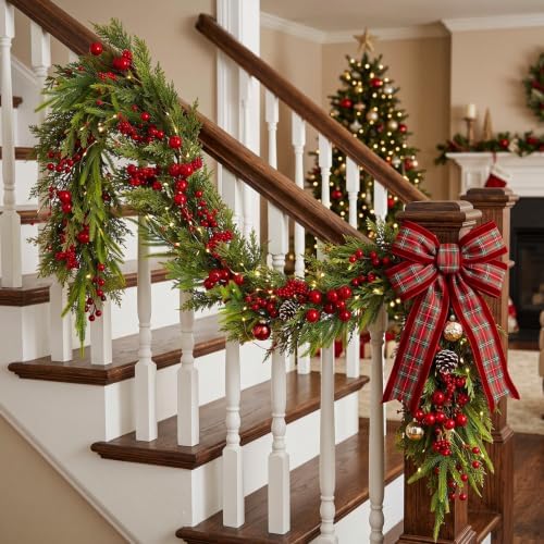 6FT Norfolk Pine Christmas Garland with Red Berries, Realistic Artificial Cedar for Holiday Mantel, Table, Fireplace, Indoor Porch Xmas Decor - Image 4