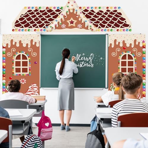 8 Pcs Christmas Gingerbread Door Cover Decoration Xmas Gingerbread House Door Covers Candy Backdrop Christmas Hanging Banner Home Porch Sign for Holiday Classroom Office Party Decor - Image 3