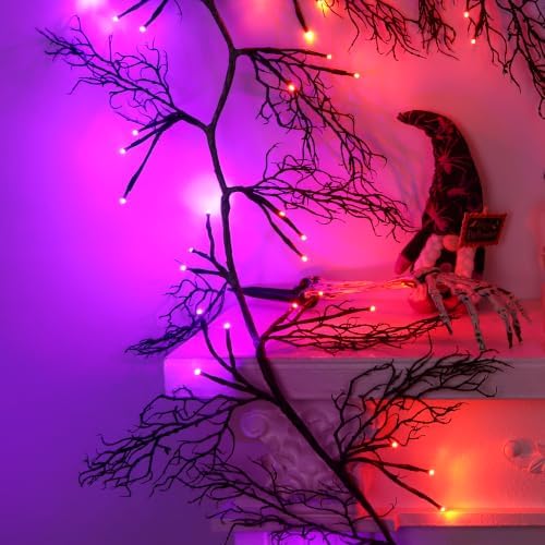 9Ft Lighted Halloween Garland Decorations Indoor, 66 LED Orange & Purple Lights Willow Vine Twig Black Halloween Garland with 8 Mode & Timer, Battery Operated Halloween Decor for Mantel Fireplace Home - Image 5
