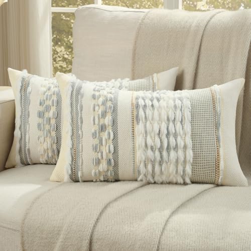 FUTEI 2 Pack Tufted Throw Pillow Covers Covers 30x50 cm,Grey Blue+White by FUTEI