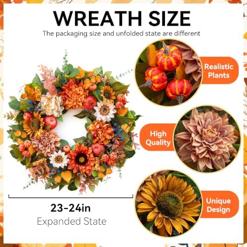 24 Inch Fall Wreaths for Front Door, Apple Wreath Artificial Autumn Wreath - Image 2