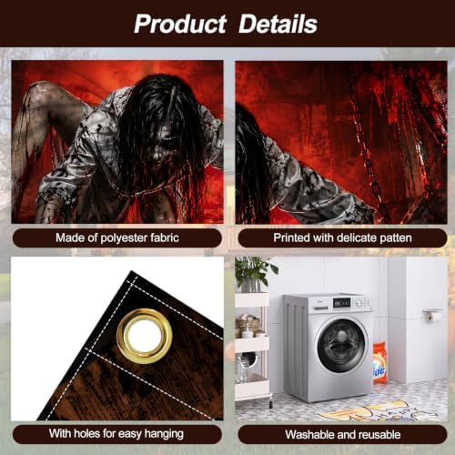 Gothic Horror Ghost Garage Door Banner 7x16ft, Bloody Zombie Girl Crawling Outdoor Decoration, Haunted House Secret Room Chain Double Garage Door Cover Tapestry Mural for House Front Holiday Decor - Image 4