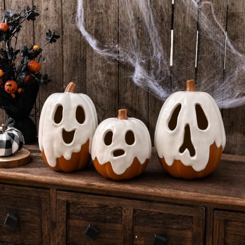 Halloween Decor - 8.5" H Resin Ghost Pumpkin with Flameless Candle for Indoor Outdoor - Cute Spooky Centerpieces Halloween Decorations for Tables Porch Yard Home Front Door Mantel - Image 6