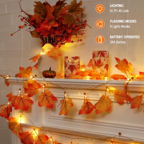 Fall Garland with Lights, Maple Leaf Lights, Fall Decor 29.4FT 80LED, 2Pack - Image 2