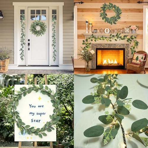 6FT Eucalyptus Garland with Lights, 96 LED Artificial Silver Dollar Eucalyptus Vine with Flowers, 8 Modes Timer Battery Operated Lighted Greenery Garland for Wall Bedroom Wedding Farmhouse Home Decor - Image 3