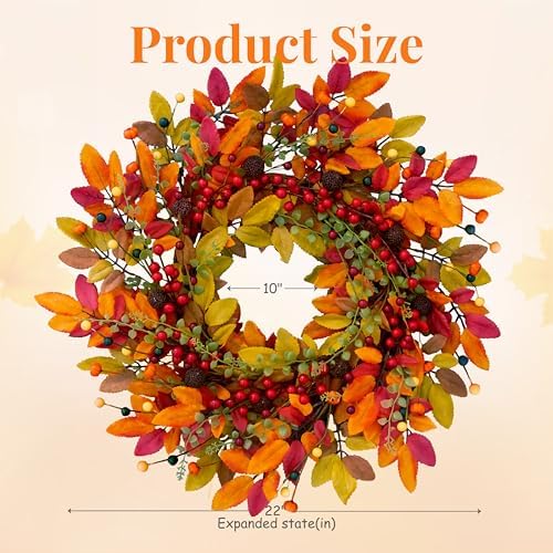 22 Inch Berry Branches Fall Wreath for Front Door Outside with Red Berries - Image 4
