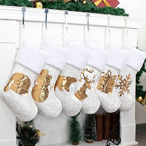GEX Christmas Stockings 8 Pack for Family 20" Gold Sequins White Velvet with Soft Faux Fur Embroidery Classic Fireplace Tree Decorations for Xmas Season Decor (Set of 8) - Image 2