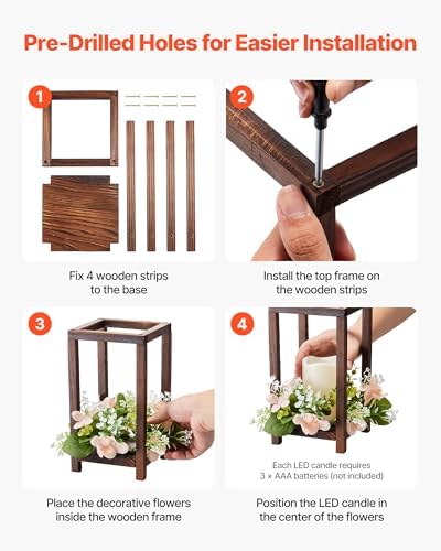 VEVOR 20 Set/60 Pcs Wooden Wedding Lantern Centerpiece, Includes 20 Wooden Lantern Candle Holder 20 Flameless LED Candle 20 Champagne Flower Wreath for Wedding Table Party Farmhouse Decor, Brown - Image 5
