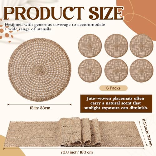 6 Pack 15" Round Jute Placemats with 72" Boho Macrame Table Runner Set, Natural Burlap Woven Braided Farmhouse Rustic Kitchen Dining Table Decor for Wedding Party - Image 2