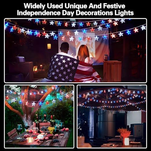 Dirnun 4th of July Decorations Red White and Blue Lights with 40 Led Big Stars, 4th of July Lights for Indoor Outdoor Home Garden Golf Cart Patriotic Theme Memorial Independence Day Decorations - Image 6