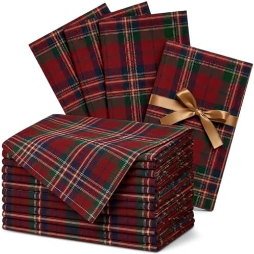 Moukeren 12 Pcs Christmas Tartan Plaid Cloth Napkins 100% Cotton 18 x 18'' by Moukeren