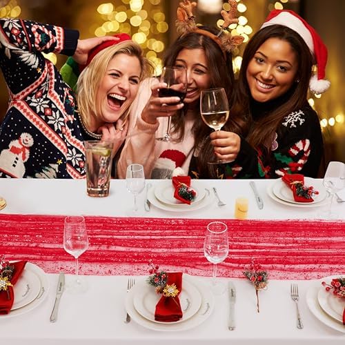 Snowkingdom 6 Pcs Red Glitter Table Runner 10 FT, Sheer Chiffon Sparkle Gauze Cheesecloth Mesh Runners 120 Inch, Red Table Centerpieces Decoration for Birthday Party Wedding Christmas Mothers Day - Image 6