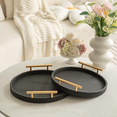 2 Piece Black Round Serving Tray with Handles, Woven-Texture Faux Leather Ottoman Tray for Living Room, Decorative Tray for Coffee Table Home Decor - Image 3