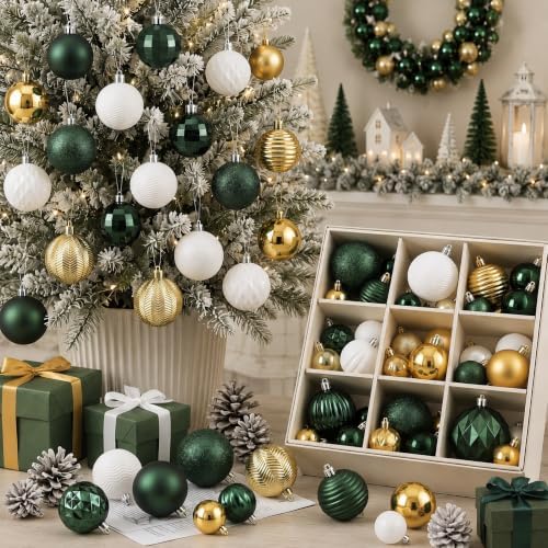 Lunmon 64 Pcs Christmas Ball Ornaments Emerald Green Champagne Gold White by Lunmon