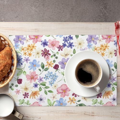 Watercolor Floral Placemats Set of 6, Spring Floral Botanical Rustic Contemporary Style Pattern Decoration, Non-Slip, Heat Resistant, Washable, 12x18 Inches - Image 3