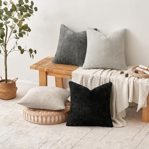 MIULEE Soft Decorative Chenille Pillow Covers Cream Grey 16x16 Pack of 4 - Image 5