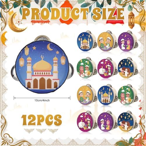 Boao 12 Pcs Ramadan Tambourine 4 Inch with Printed Eid Design Ramadan Party Favor Handheld Jingle Drum for Eid al-Fitr and Celebration, Party Decoration and Musical Performance - Image 2