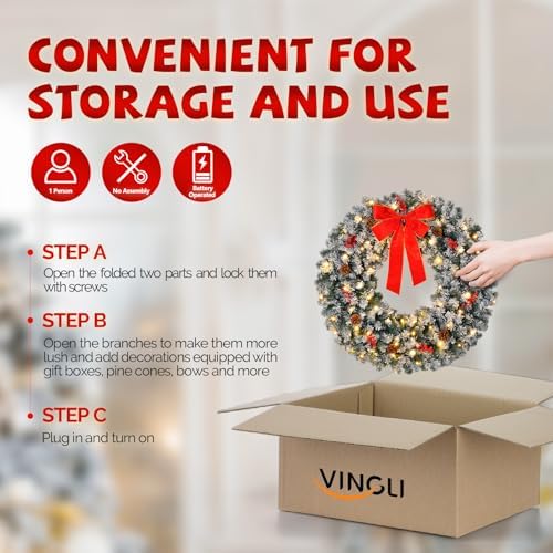 VINGLI 24" Battery Operated Pre Lit Christmas Wreath with 50 LED Lights - Image 5