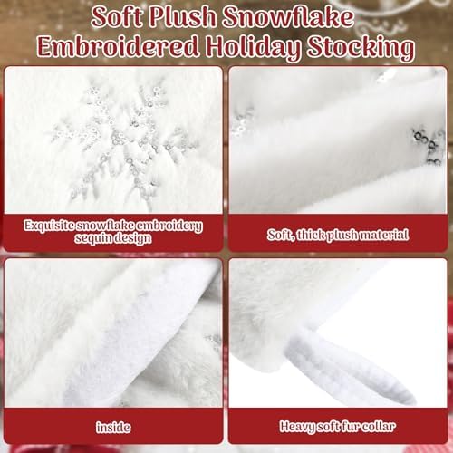 12 Pcs Faux Fur Christmas Stockings 18'' Large Xmas Snowflake Plush Hanging Stocking Glitter Sequin Embroidered Christmas Stockings for Family Fireplace Party Decoration(Beige and Silver) - Image 3
