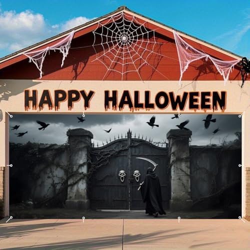 Large Halloween Garage Door Banner 7x16ft Skull Gate Black Crows Spooky Halloween Garage Door Cover for 2 Car Scary Night Party Decorations for Outside Banners Photography Backdrop - Image 4