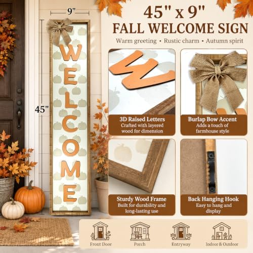 Fall Welcome Porch Sign 45 x 9 Inch Wood Decor with Raised Letters and Bow - Image 2