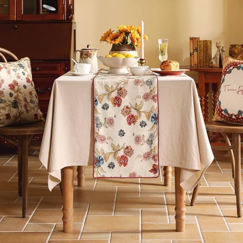 patdrea Designer Farmhouse Linen Thick Table Runner, Rustic Cottage Beige with Floral Pattern Fabric Table Mat, Decoration for Kitchen Dining Coffee Table Banquet Christmas , 12"*102" - Image 2