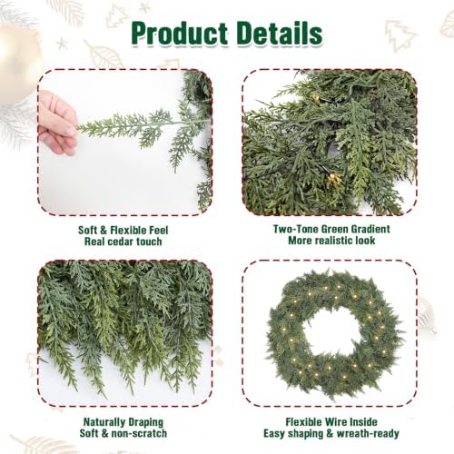 2PCS 9FT Real Touch Christmas Cedar Garland with Lights, Extra Full Greenery Garland with 1200 Cypress Pine, Artificial Green Garland for Mantle Fireplace Table Stairs Door Porch, Indoor Outdoor Decor - Image 3