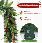 9 ft Pre-Lit Christmas Garland with 30 LED Lights, Pine Cones and Berries - Image 3