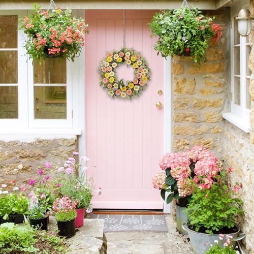 22 Inch Spring Summer Daisy Wreath for Front Door, Pastel Color Floral Wreath with Lamb's Ear Leaves &Berries,Handcrafted Farmhouse Wildflower Wreath for Wall, Window, Wedding Home Decor - Image 2
