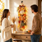 Rustic Harvest Wooden Door Hanger, Pumpkin Maple Fall Bowknot Wall Hanging Sign with Light Autumn Wreath Decorations, Wreath Farmhouse Porch Front Door Home Gift (Orange#4) - Image 3