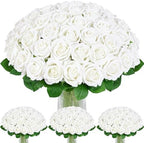 100Pcs White Roses Artificial Flowers, Real Touch Velvet Fake Roses Bouquet by BLEUMCADE