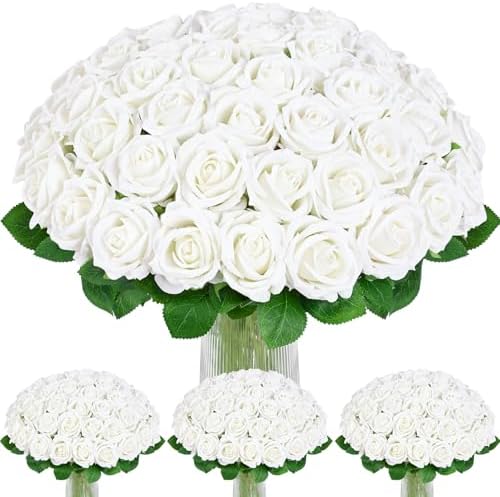 100Pcs White Roses Artificial Flowers, Real Touch Velvet Fake Roses Bouquet by BLEUMCADE