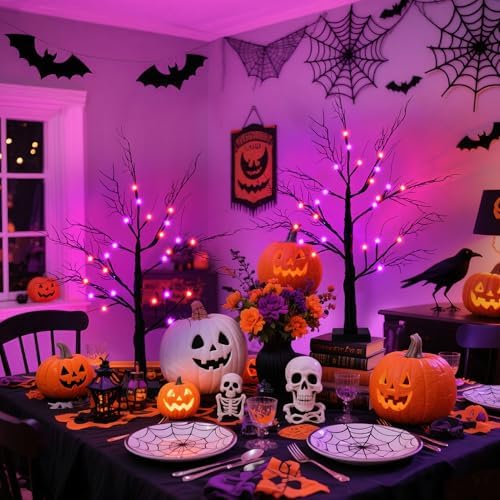 2Pack 24 Inch Halloween Spooky Tree with Lights, Lighted Tabletop Black Tree with Timer, Indoor Halloween Decorations for Home - Image 5