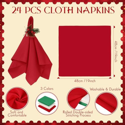 LemonRoad 36 Pcs Christmas Cloth Napkins and Napkin Ring Holders, Reusable Fabric with Pine Needle Red Fruit Napkin Rings for Xmas Table Decor, Banquet, Holiday Dinner Party, Wedding Party Supplies - Image 3