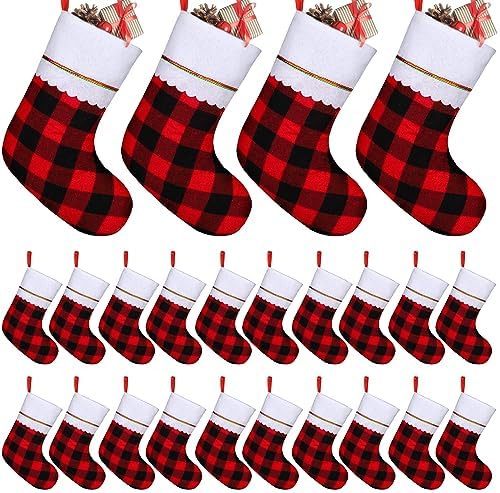 Fovths 24 Pack 18 Inch Red Black Buffalo Plaid Christmas Felt Stockings with White Plush Trim Large Red Buffalo Plaid Fireplace Hanging Stockings for Family Holiday Decoration Christmas Party Favors by Fovths