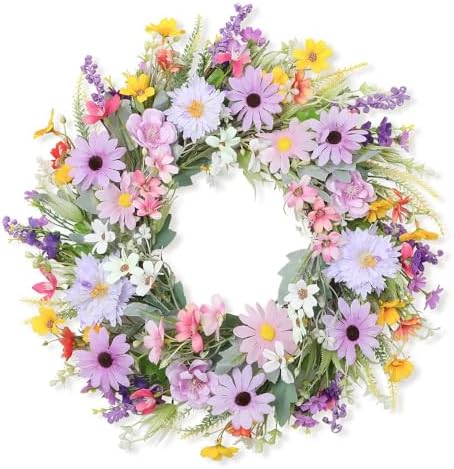 Spring Summer Wildflower Daisy Wreath for Front Door 18 Inch Artificial Colorful Flower Wreath for Indoor Outdoor Wall Festival Easter Home Farmhouse Wedding Decor by PQIQP