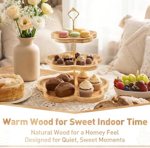 DUJUST 3-Tier Wooden Cupcake Stand, Three Tiered Serving Stand, Tiered Tray - Image 4