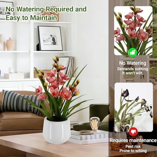 Fake Orchid Plant 19" Tall, Realistic Touch Leaves, Potted Cymbidium Artificial Plants Indoor for Home Decor Small Office Home Living Room-Pink - Image 4