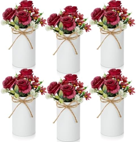 Domensi 6 Sets Wedding Centerpiece for Table Decoration Red Artificial Fake Rose Flower with Metal Vase Faux Silk Rose Bouquet Floral Arrangement for Bridal Shower Home Dining by Domensi