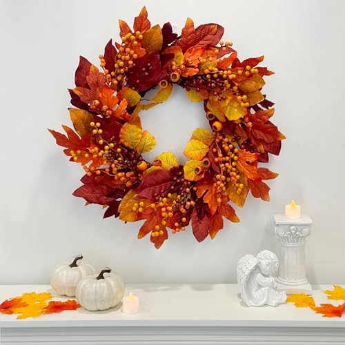 TOKCARE 24 Inch Fall Wreaths for Front Door with Maple Leaves and Berries - Image 2