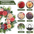 24-Inch Spring Wreath for Front Door with Hydrangeas Dahlias Daisy Silk Flowers and Berry Greenery for All Seasons Indoor Outdoor Wedding Farmhouse Porch Wall Living Room Home Wedding Decor - Image 2